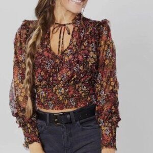 Free People Twyla Floral Mesh Long Sleeve Crop Blouse Size M Prairiecore Boho